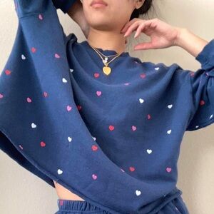 Mighty Fine Heart Pullover Blue Sweatshirt Oversized Pink Red White Hearts Med